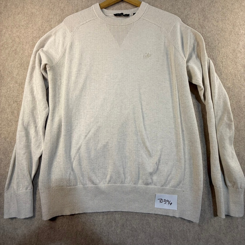 Sean John Mens XXL Oatmeal Beige 100% Cotton Ribbed‎ Crewneck Sweater Logo Knit
